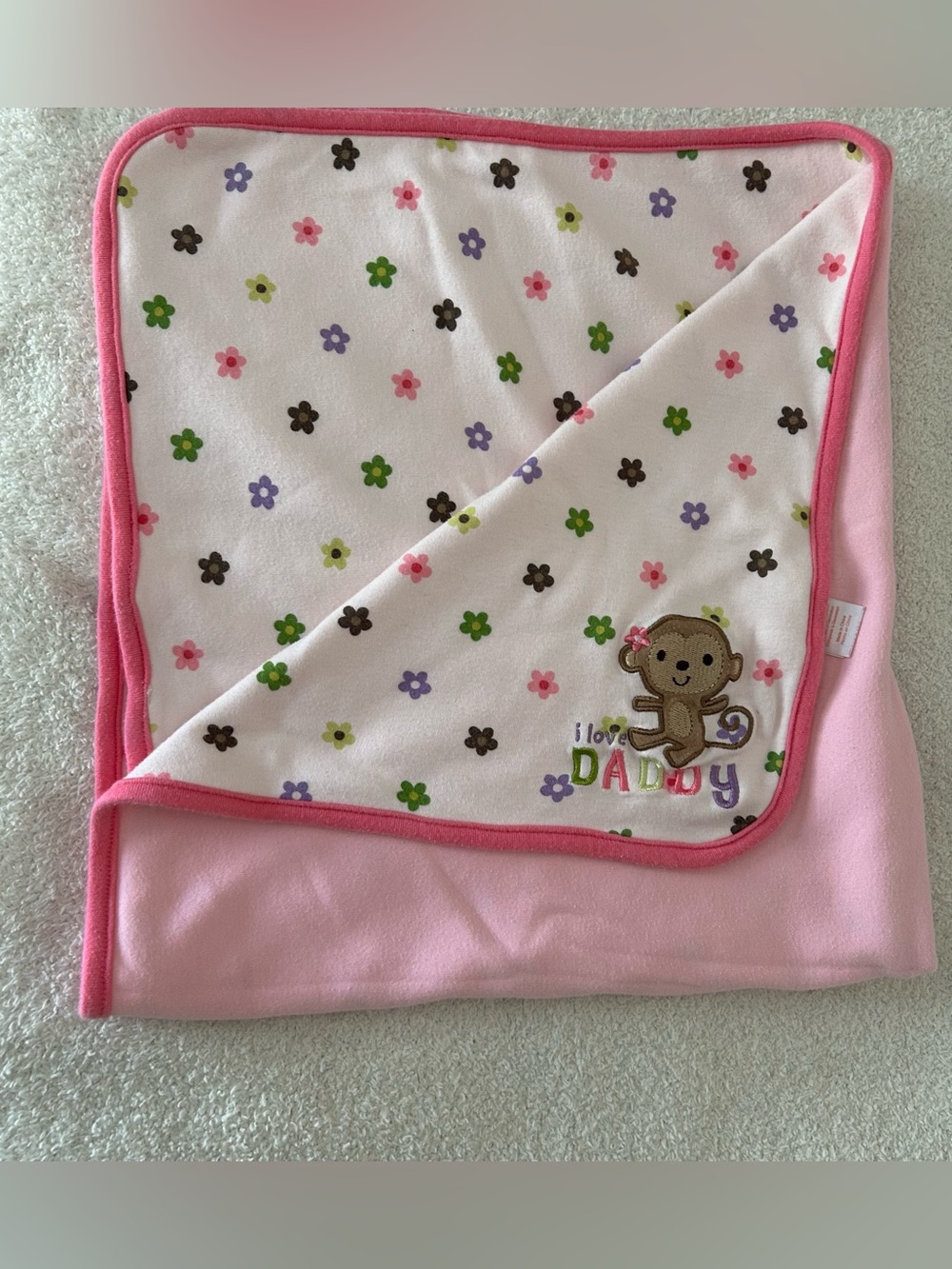 Y2K child of mine by carters pink polka dot monkey 100% cotton blanket